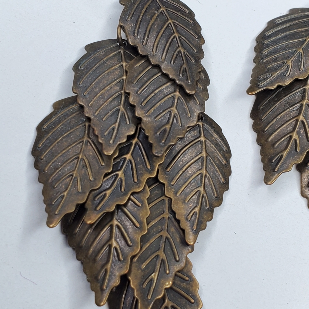 Brushed Brass Tone Leaves Boho Statement Earrings - Picture 2 of 3